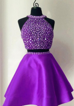 Two Pieces Halter Sequins Beading Short Homecoming Dress