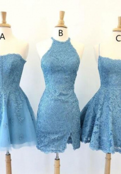 Cute Blue Lace Short Homecoming Dresses