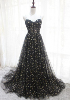 Sweetheart Black Star Tulle Long Evening Dress