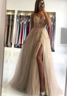 Sexy champagne v neck beads long prom dress with split