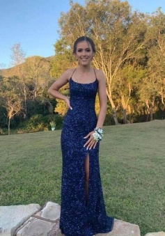 Mermaid Cross Back Navy Blue Sequin Long Prom Dresses