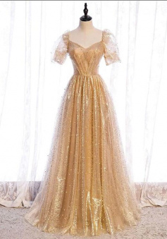 A Line Gold tulle v neck long formal prom dress