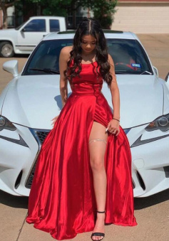 A LIne Red Satin Long Prom Evening Dress With Front Slit