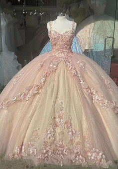Ball Gown Pink Sparkly Quinceanera Tulle Prom Dresses With Lace