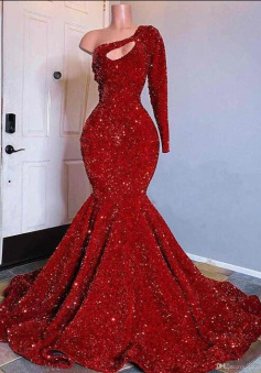 Mermaid One Shoulder Long Sleeve Burgundy Sequined Prom Gowns