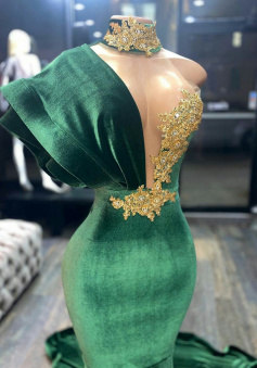 Mermiad Green Velvet Prom Dresses With Gold Lace