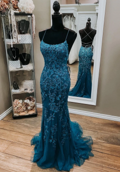 Mermaid Dark Teal Lace Backless Prom Dresses For Party