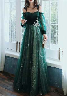 Elegant Off Shoulder Dark Green Top Velvet Prom Dress With Lace