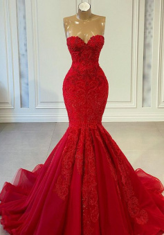 Mermaid Sweetheart Red Lace Prom Evening Dresses