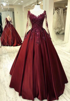 Elegant burgundy ball gown lace prom dress with long sleeves