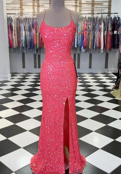 Spaghetti Straps Mermaid Coral Pink Sequin Prom Dress with Slit