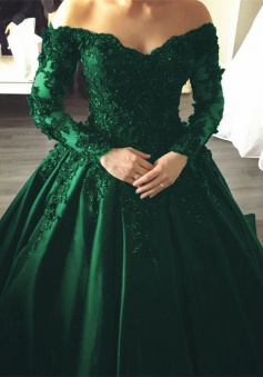 Off Shoulder Ball Gown Green Evening Dress With Lace
