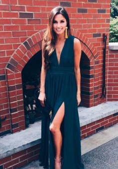 Simple A-Line Navy Blue Deep V Neck Chiffon Prom Dresses with Side Split