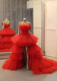 High Low red ball gown long tulle prom dress