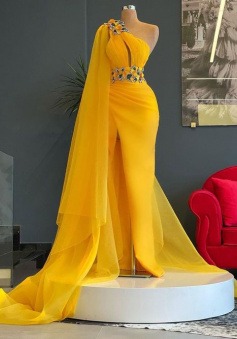 A Line Yellow Long Prom Dresses With Split