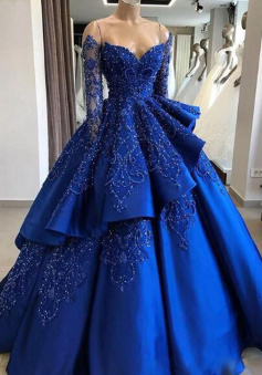 Unique Off Shoulder Royal Blue Lace Prom Dress Evening Gowns