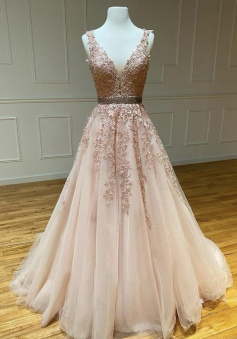 A Line Pink v neck lace prom dress evening dress with beading