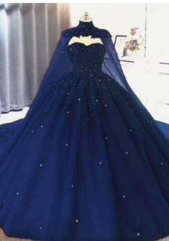 Vintage Lace embroidery navy blue tulle quinceanera prom dresses