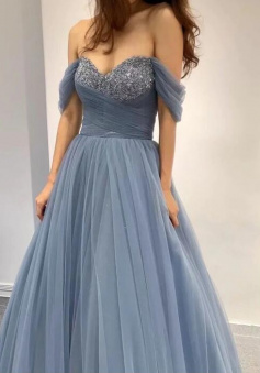 Off Shoulder Princess Dusty Blue Tulle Prom Dress for Women