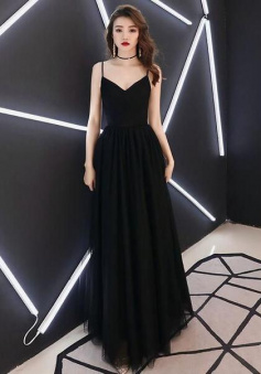 Simple A Line V Neck Black Tulle Long Prom Dresses