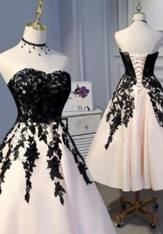 Chic Tea Length Champagne and Black Short Lace Prom Dress