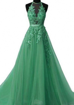 Memraid Unique tulle green tulle long prom dress with lace applique