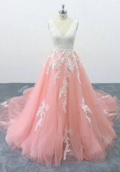 Beautiful Princess Peach Pink V Back Tulle Cathedral Train Lace Prom Dress