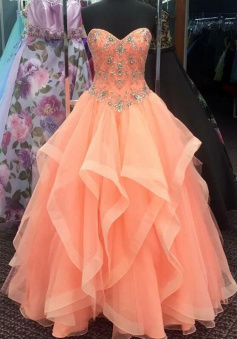 Floor Length Sweetheart Orange Beaded Prom Dress Quinceanera Dresses