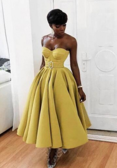 A line Yellow Tea Length Stain Prom Dresses
