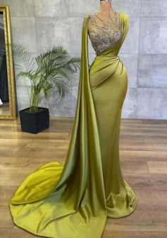 Vintage Mermaid Jewel Green Satin Long Prom Dresses