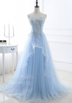 Strapless Tulle Sleeveless Sweep Train A Line Prom Dress with Lace