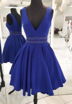Cute v neck short blue homecoming dress with beadings