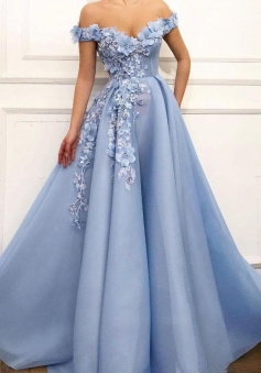 Gorgeous Off Shoulder Baby Blue Sweep Train A Line Prom Dresses