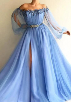 Romantic Off Shoulder Round Neck Split Baby Blue Tulle Prom Dress