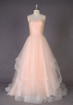 Lovely Peach Pink A Line Floor Length Tulle Prom Gowns