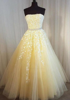 A Line Floor Length Yellow Lace Appliques Prom Dresses With Beading