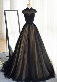 Mermiad High Neck top lace black tulle evening dress