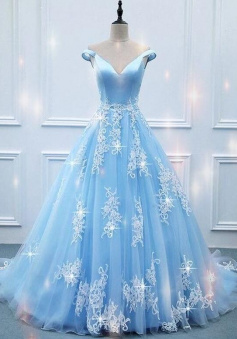 Elegant Off Shoulder Light Blue Ball Gowns Prom Dresses