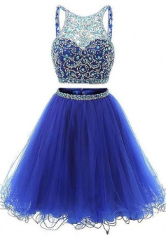 Two Pieces Royal Blue Sleeveless Short Homecoming Dresses