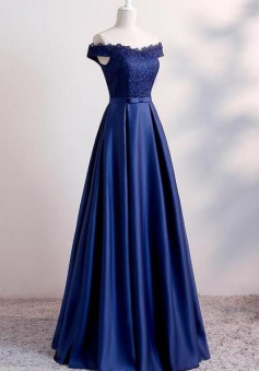 Off Shoulder Navy Blue Lace Bridesmaid Dress