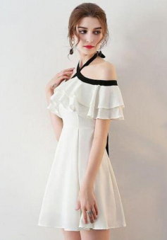 Off Shoulder Halter Chiffon Knee-Length Homecoming Dress