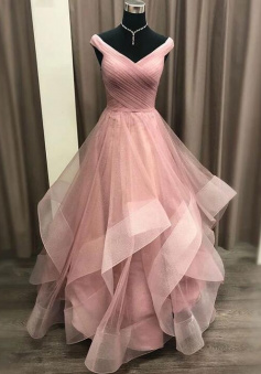Off shoulder pink tulle long a line prom dress
