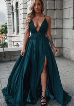 A Line V Neck Dark Green Chiffon Prom Dresses