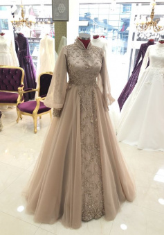 Vintage A Line Long Sleeve Floor Length Beading Evening Dress