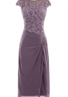 A line knee length chiffon mother of the bride dress with cap sleeves