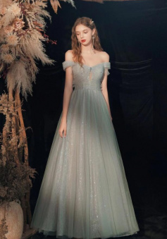 Off Shoulder A Line Grey Tulle Prom Dresses