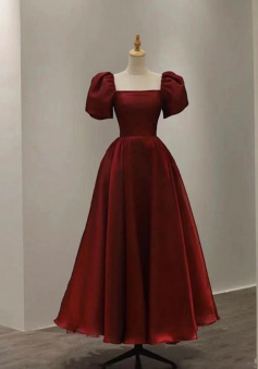 A LINE BURGUNDY TEA LENGTH PROM DRESS CUTE EVENING DRESS