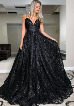 Spaghetti Straps A-line Black Mermaid Sequin Prom Dress