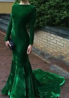 Elegant Long Sleeve Velvet Emerald Green Prom Dress