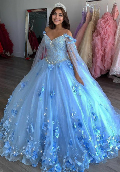 Off Shoulder A Line Blue V Neck Ball Gown Prom Dress